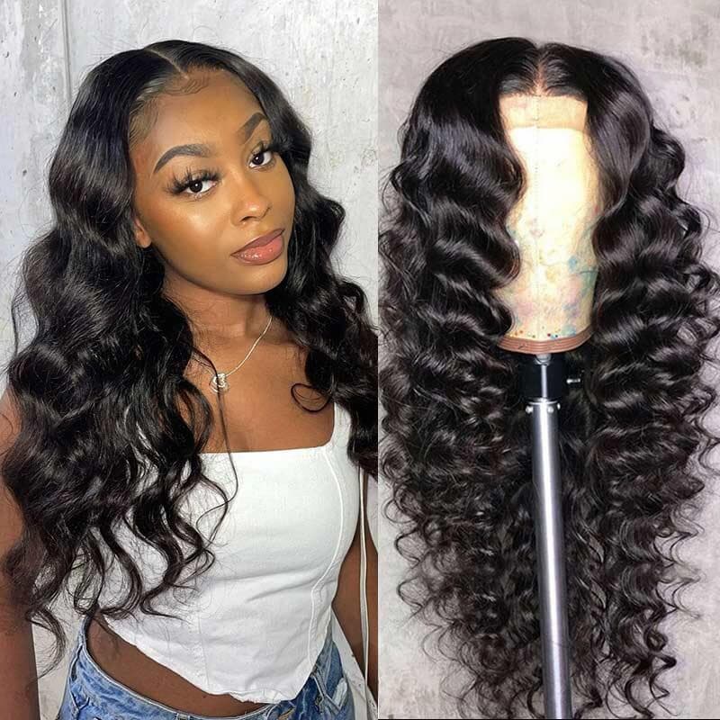 Megalook Loose Wave Lace Closure Wigs 4X4 Lace Closure Human Hair Wig Can Be Dyed Permed