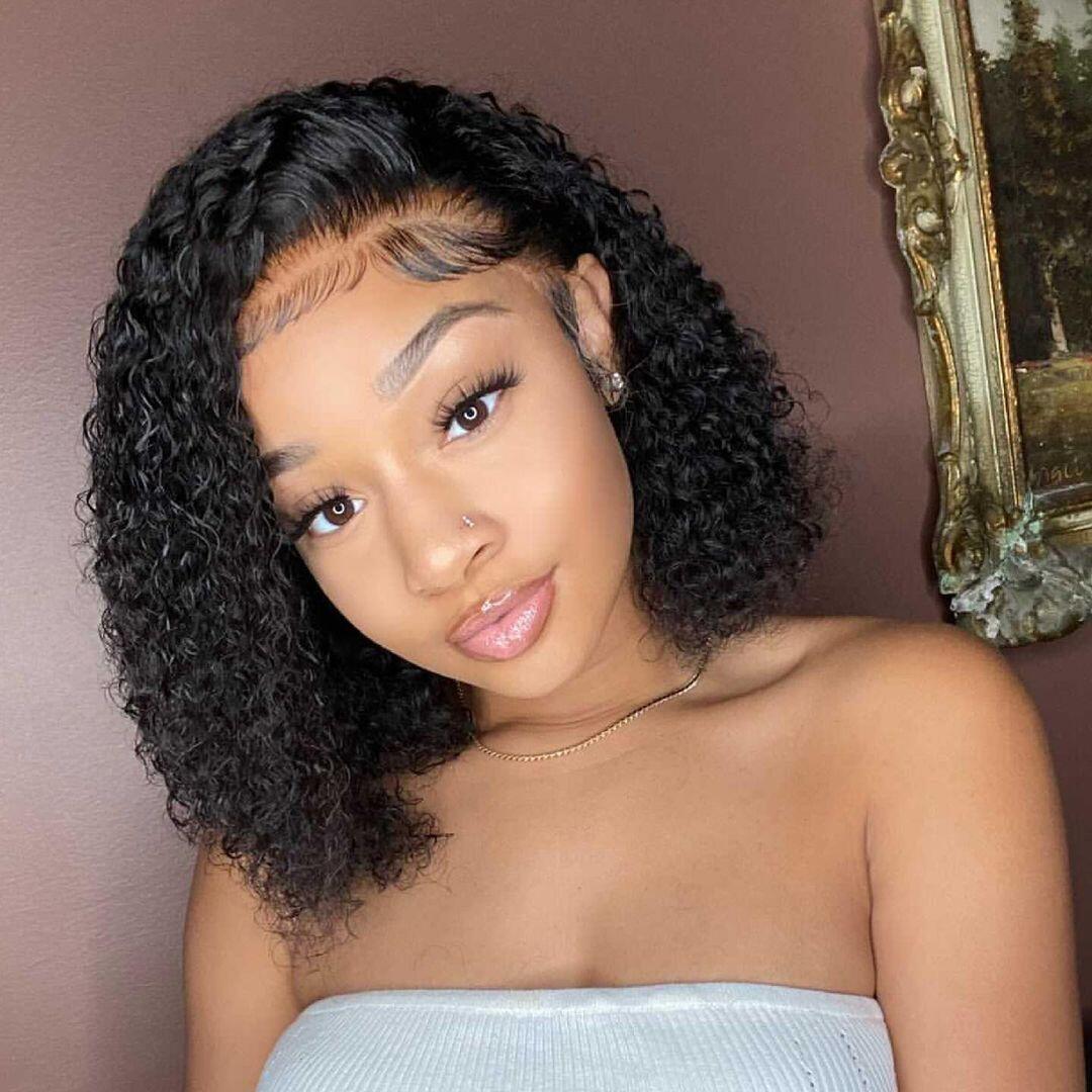 Jerry Curly 13x4 Lace Front Wig Short Bob Frontal Human Hair Wigs Brazilian Remy Pre Plucked Glueless Closure 180% Density