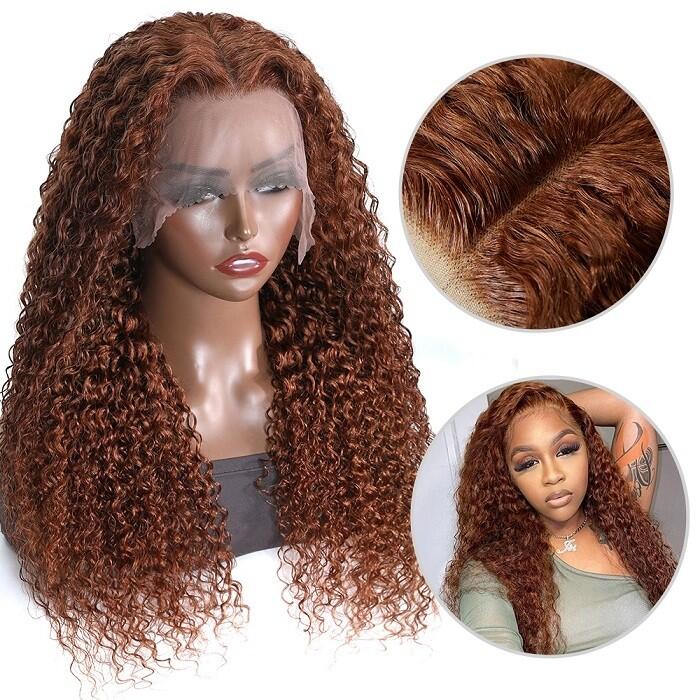 Jerry Curly Human Hair Wig HD Lace New #33 Red Brown Auburn Colored Wig For Women High Density