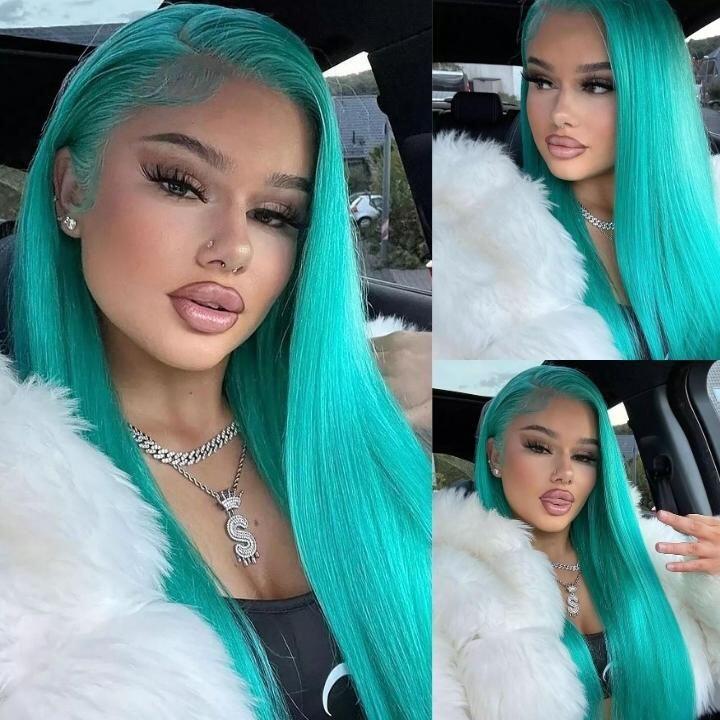 Megalook New Bluish Green Wig Straight/Wavy Side Part Wig For Black Woman Lace Frontal Human Hair Wigs