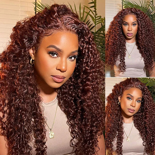 Jerry Curly Human Hair Wig HD Lace New #33 Red Brown Auburn Colored Wig For Women High Density