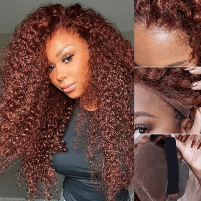 Jerry Curly Human Hair Wig HD Lace New #33 Red Brown Auburn Colored Wig For Women High Density