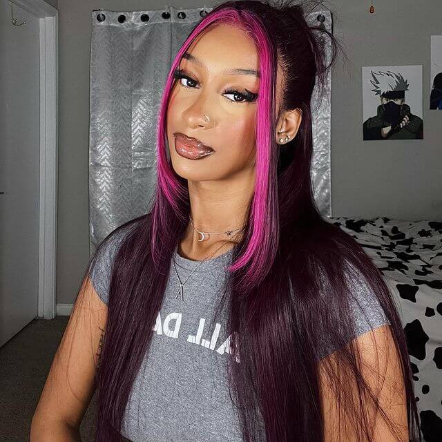 Megalook Bogo Free 13x4 Lace Front Side Part Highlight Money Piece Pink Purple Human Hair Wig HD Transparent Lace Straight Wig