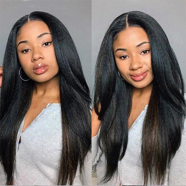 Megalook Brazilian Yaki Straight Wig Swiss Lace 180% Density 4x4 Lace Closure Wig Natural Black Ship Within 12 hours