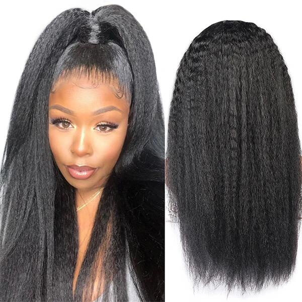 Megalook Brazilian Yaki Straight Wig Swiss Lace 180% Density 4x4 Lace Closure Wig Natural Black Ship Within 12 hours