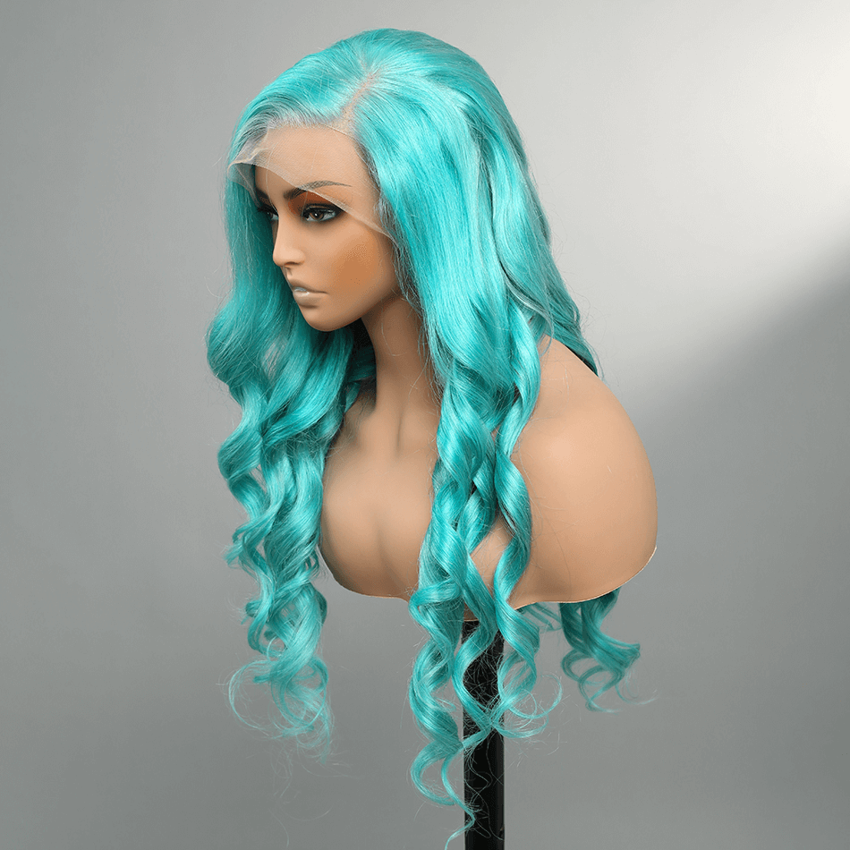 Megalook New Bluish Green Wig Straight/Wavy Side Part Wig For Black Woman Lace Frontal Human Hair Wigs