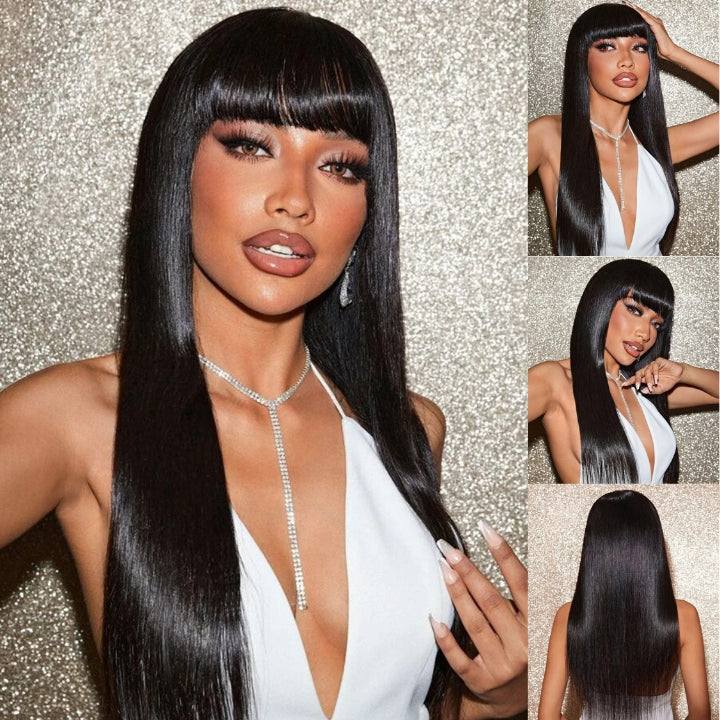 34-40inch 210% Density Long Lace frontal Wigs With Bangs Natural Color Human Hair Wigs