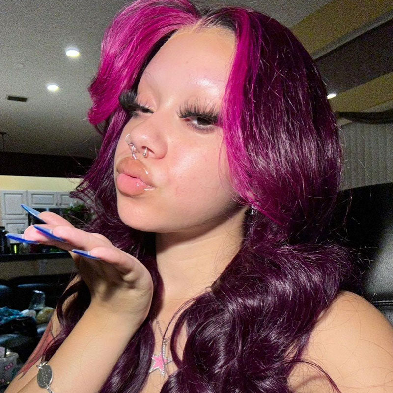 Megalook Bogo Free 13x4 Lace Front Side Part Highlight Money Piece Pink Purple Human Hair Wig HD Transparent Lace Straight Wig