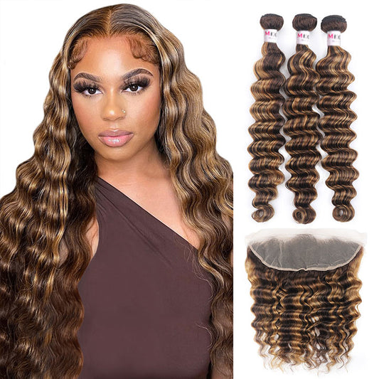 Megalook P4/27 Highlight Human Hair 3Bundles Loose Deep Wave Hair With Transaprent Lace Frontal Closure