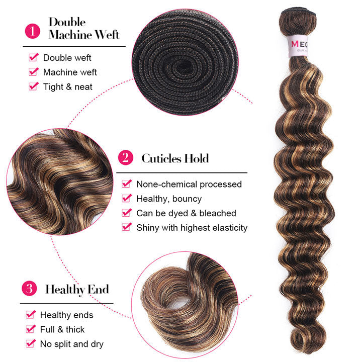 Megalook P4/27 Highlight Human Hair 3Bundles Loose Deep Wave Hair With Transaprent Lace Frontal Closure