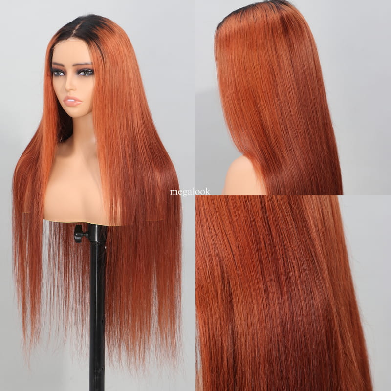 Megalook 6x5 Lace Closure Red Brown Auburn Color with Black Roots Straight Wigs  Wear Go Wigs