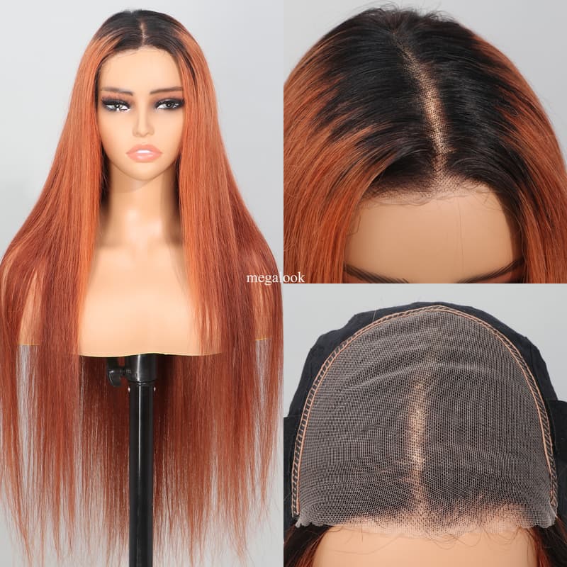 Megalook 6x5 Lace Closure Red Brown Auburn Color with Black Roots Straight Wigs  Wear Go Wigs