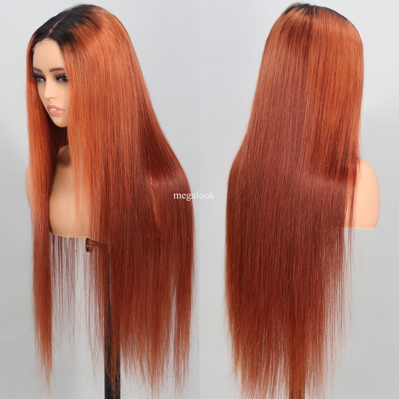 Megalook 6x5 Lace Closure Red Brown Auburn Color with Black Roots Straight Wigs  Wear Go Wigs