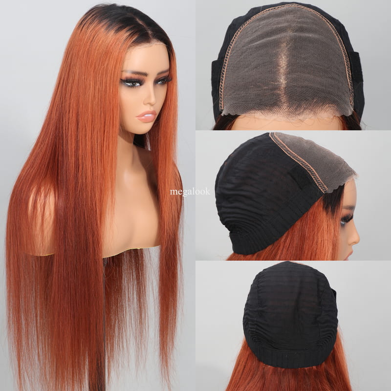 Megalook 6x5 Lace Closure Red Brown Auburn Color with Black Roots Straight Wigs  Wear Go Wigs