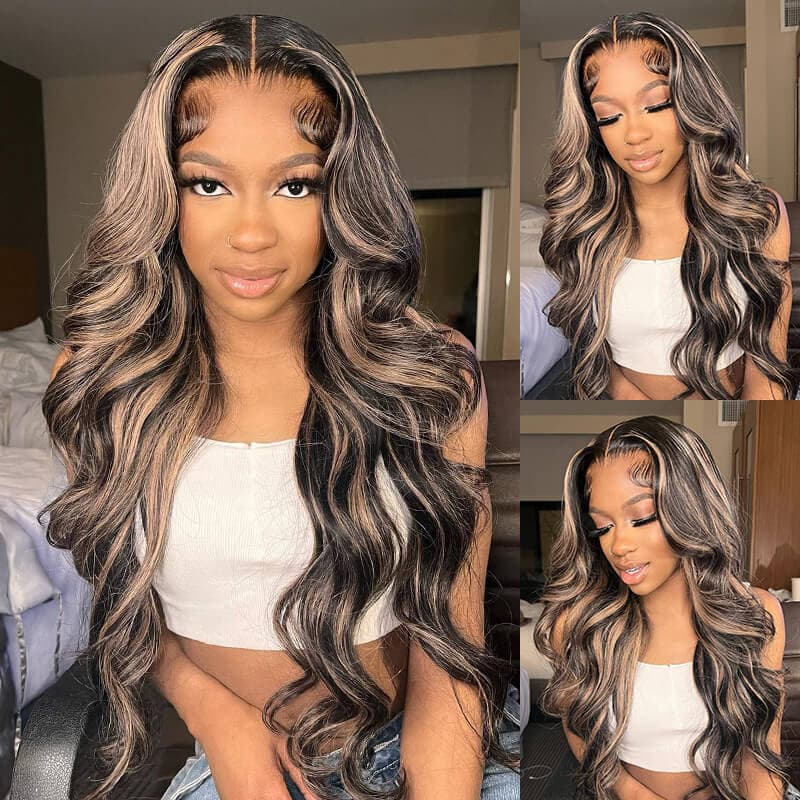 Megalook Bogo Free 13x4 Body Wave Balayage Highlight Transparent Lace Front Human Hair Wigs