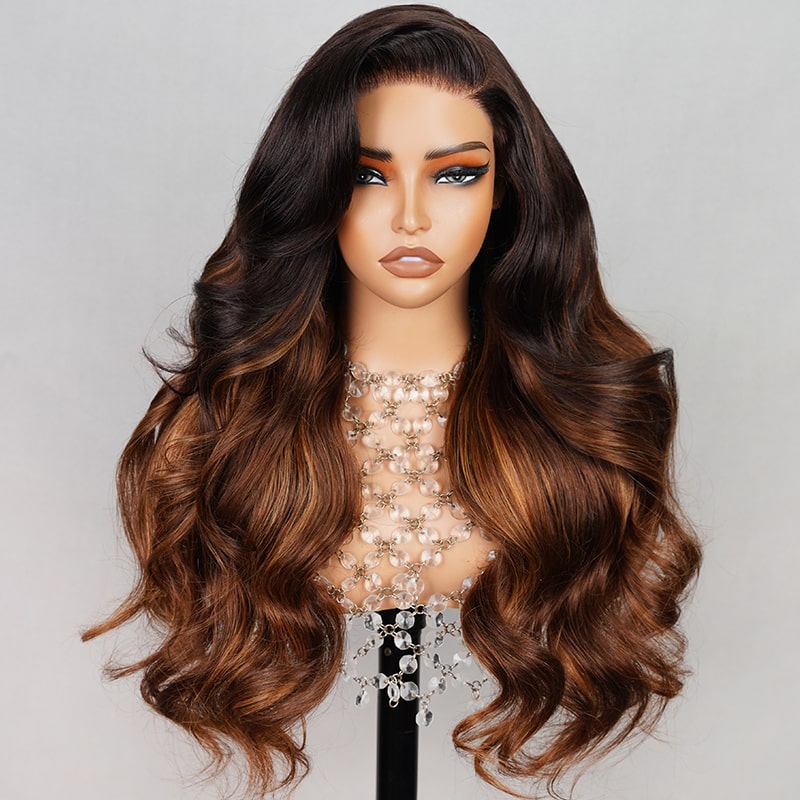 Megalook 6x5 Wear Go Layered Wavy Black Hair with Chestnut Brown Ombre 3D Dome Mini Knots Glueless Wigs