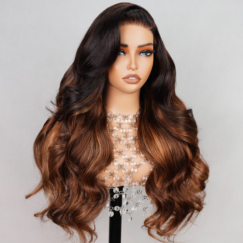 Megalook 6x5 Wear Go Layered Wavy Black Hair with Chestnut Brown Ombre 3D Dome Mini Knots Glueless Wigs