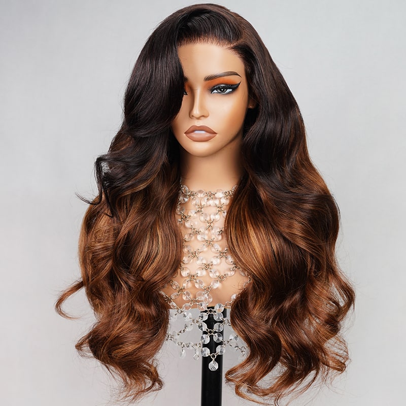 Megalook 6x5 Wear Go Layered Wavy Black Hair with Chestnut Brown Ombre 3D Dome Mini Knots Glueless Wigs