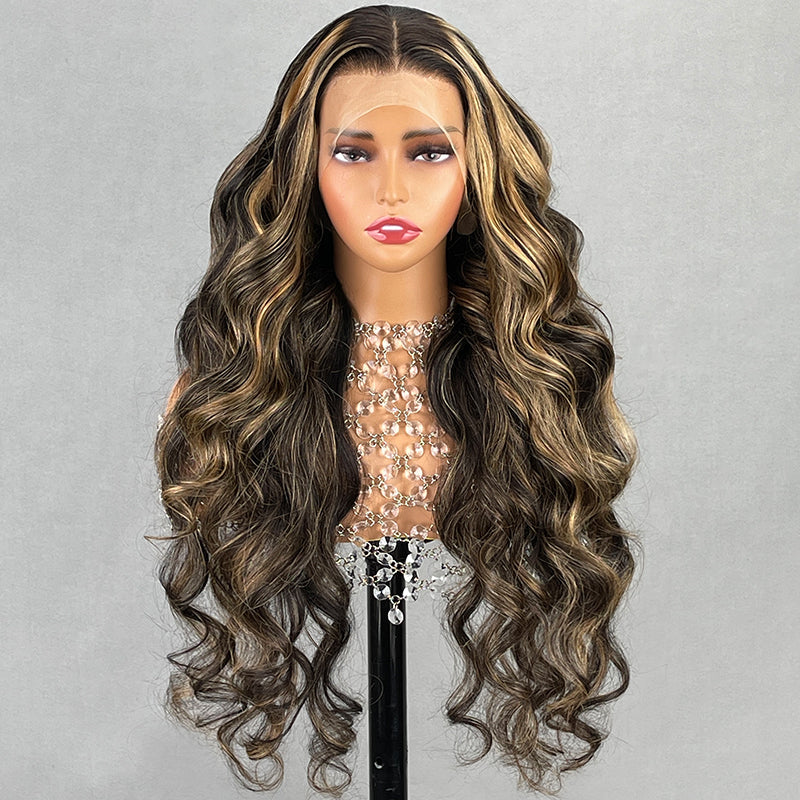 32inch Balayage Highlight Hair 13x4 Transparent Lace Front Human Hair Wigs Pre Plucked Honey Blonde Brown Wigs With Baby Hair