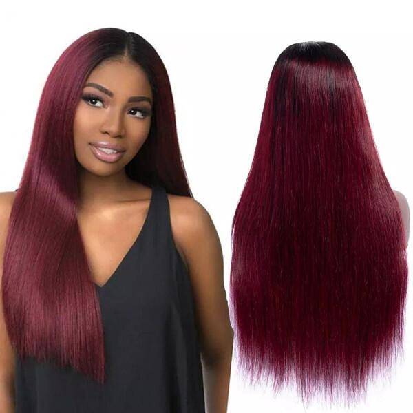 Megalook Bogo Free Transparent Straight/Body Wave Human Hair Wig Ombre Color Burgundy 1B99J Wig 180% Density