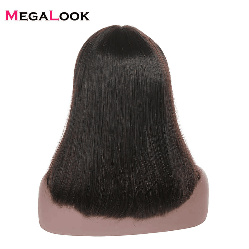 Megalook Bob Wigs With Bangs Natural Color Straight Virgin Human Hair Lace Wigs