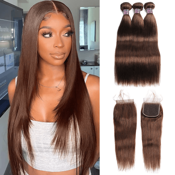 Megalook Dark Brown #4 Color 12A 3Bundles With Free Part 4x4 Human Hair Lace Closure Free Shipping