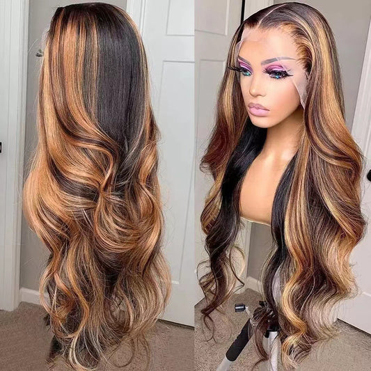 Highlight 13X4 lace Wig,Highlight 13X4 Lace Wig Body Wave Wig Shadow Root Blonde Highlight 150% Density