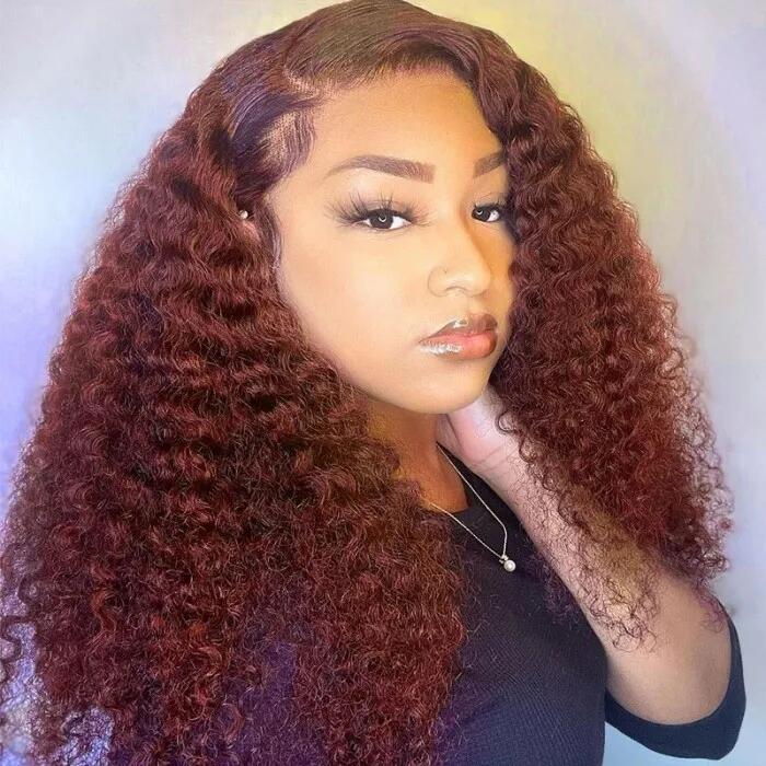 Jerry Curly Human Hair Wig HD Lace New #33 Red Brown Auburn Colored Wig For Women High Density