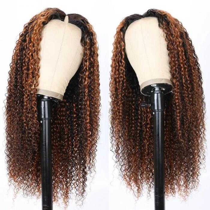 Highlight F30 Curly Glueless V Part 0 Skill Needed Wig Natural Scalp Curly Human Hair Upgrade U part Wig Without Leave out