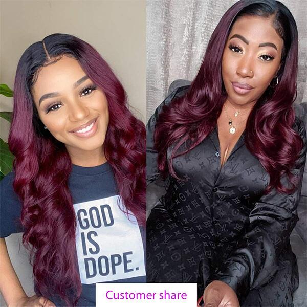 Megalook Bogo Free Transparent Straight/Body Wave Human Hair Wig Ombre Color Burgundy 1B99J Wig 180% Density