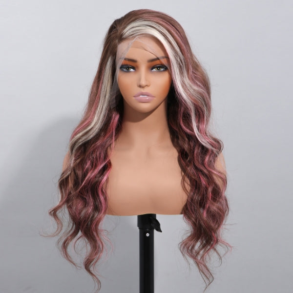 Megalook Bogo Free 22 inch Side Part Brown Hair With Barbie Pink/613 Blonde Mixed Highlights Body Wave 13x4 Lace Front Human Wigs