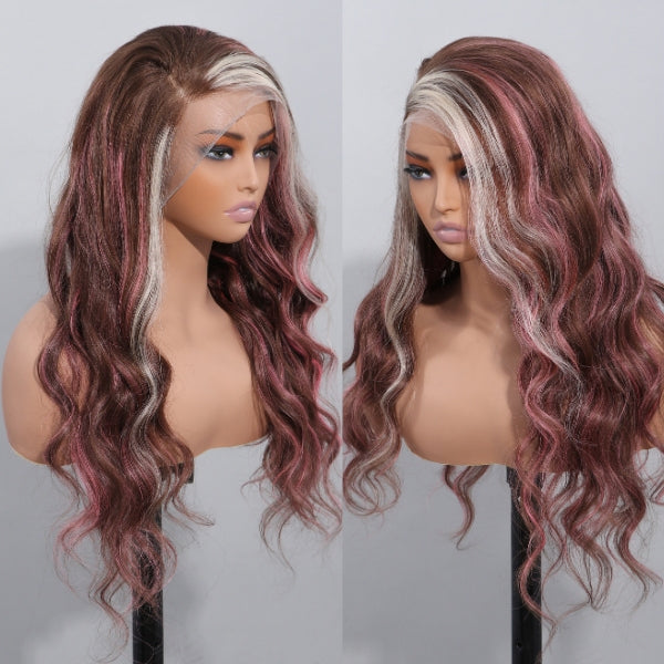 Megalook Bogo Free 22 inch Side Part Brown Hair With Barbie Pink/613 Blonde Mixed Highlights Body Wave 13x4 Lace Front Human Wigs