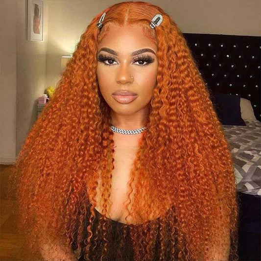 Megalook Ginger Orange Color Deep Curly / Water Wave Lace Frontal Wig 13x4 HD Transparent Lace Wigs