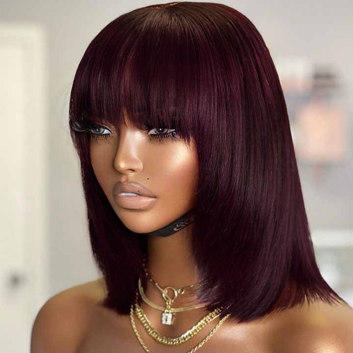 Short Bob With Bangs Wig Reddish Burgundy Colored Short Layered Cut Straight Bob Wig