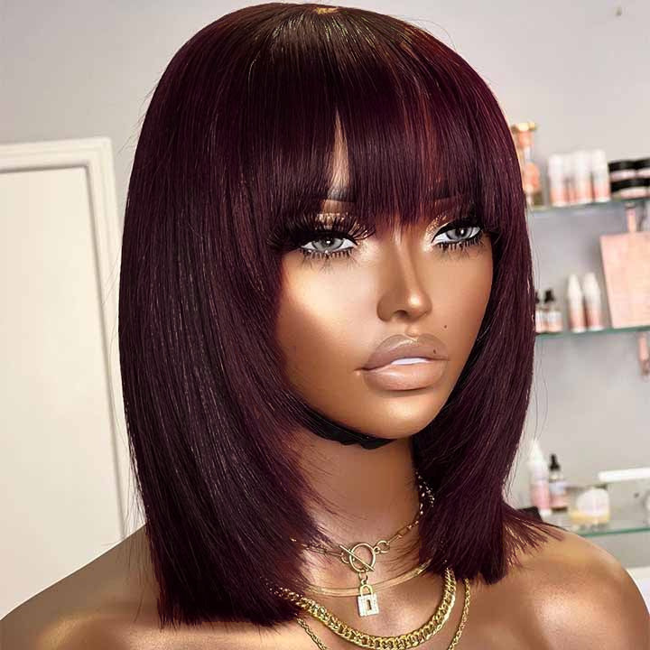 Short Bob With Bangs Wig Reddish Burgundy Colored Short Layered Cut Straight Bob Wig