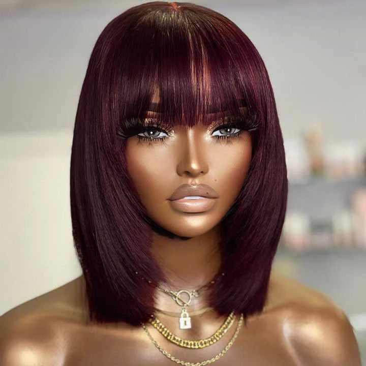 Short Bob With Bangs Wig Reddish Burgundy Colored Short Layered Cut Straight Bob Wig