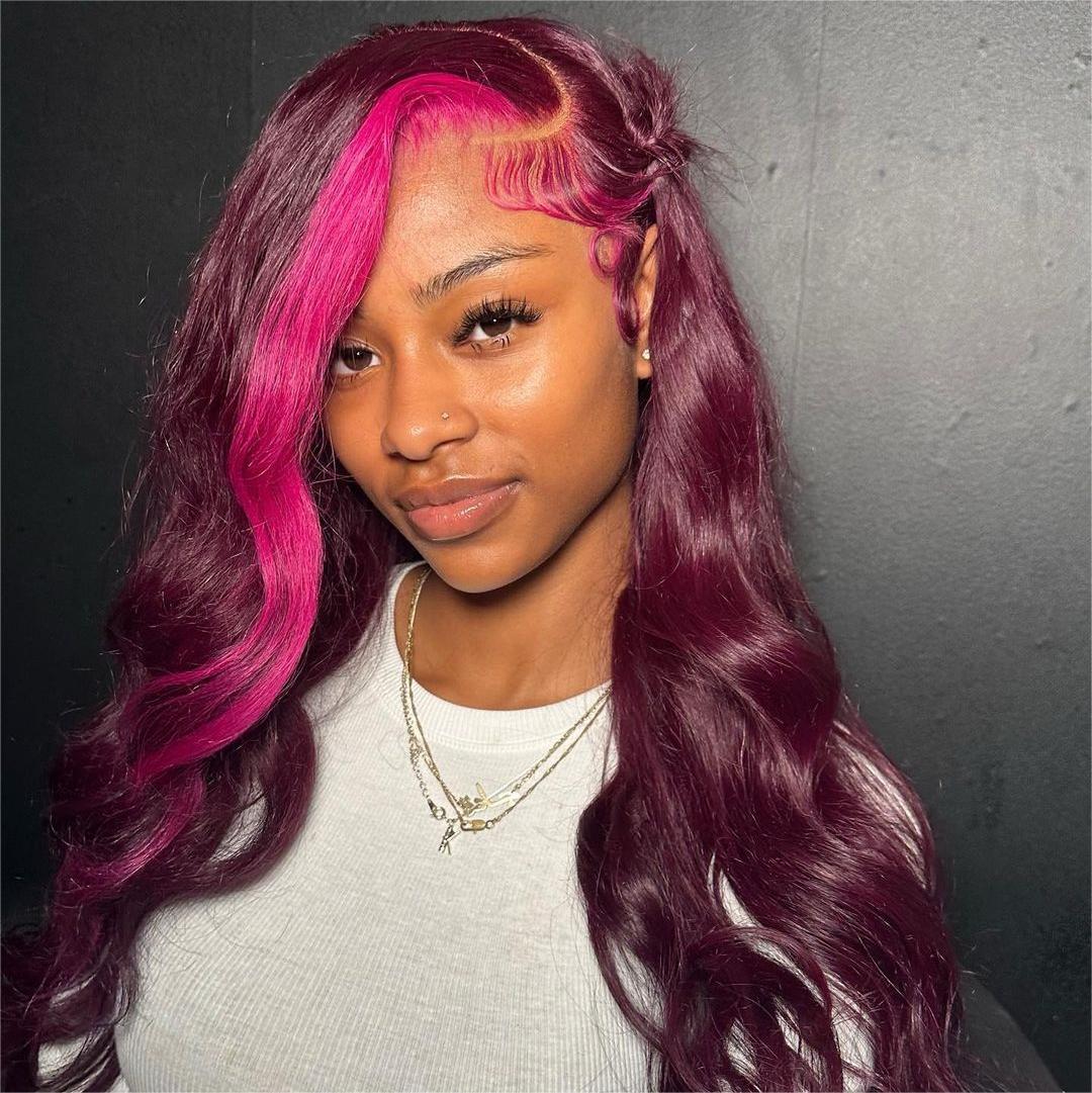 Megalook Bogo Free 13x4 Lace Front Side Part Highlight Money Piece Pink Purple Human Hair Wig HD Transparent Lace Straight Wig