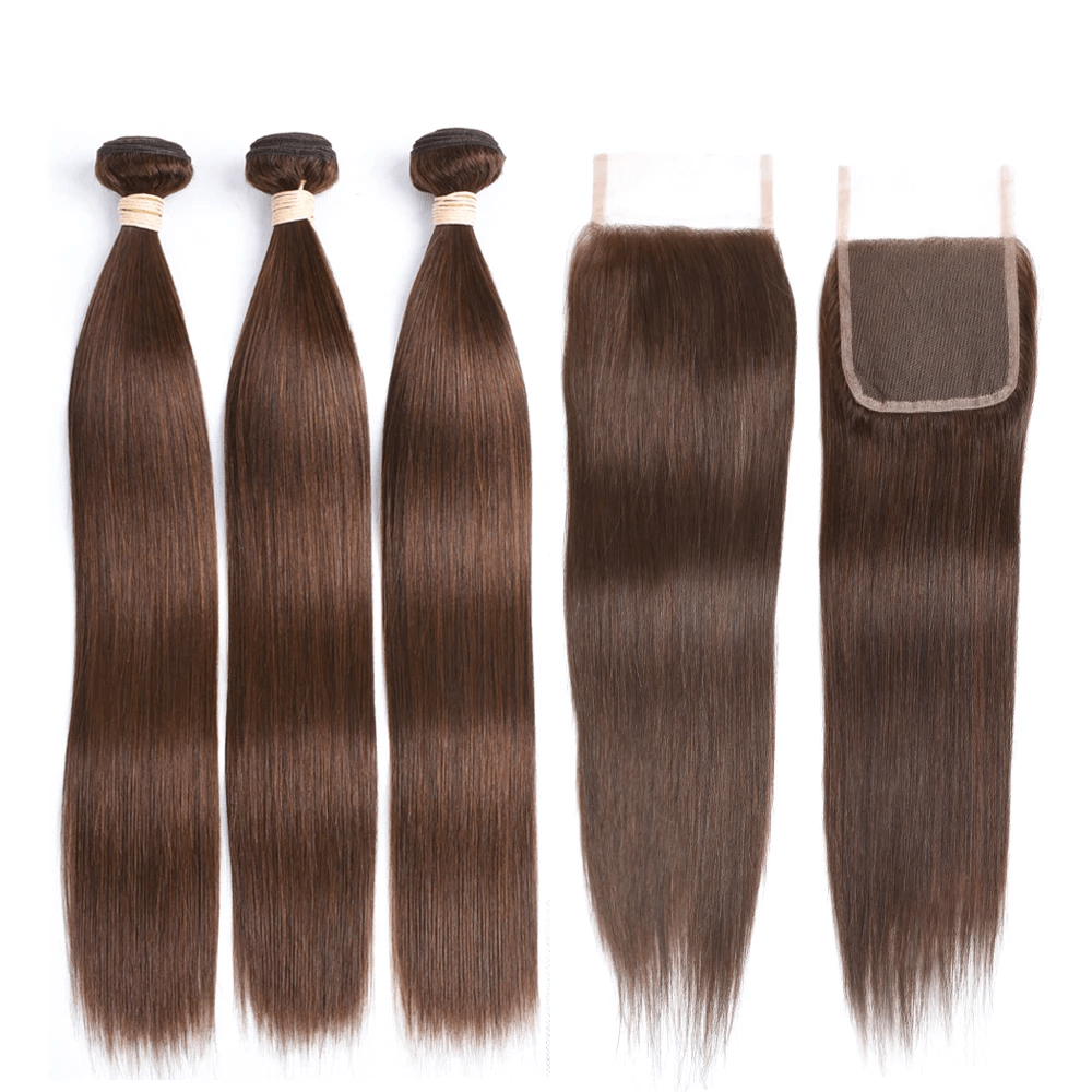 Megalook Dark Brown #4 Color 12A 3Bundles With Free Part 4x4 Human Hair Lace Closure Free Shipping