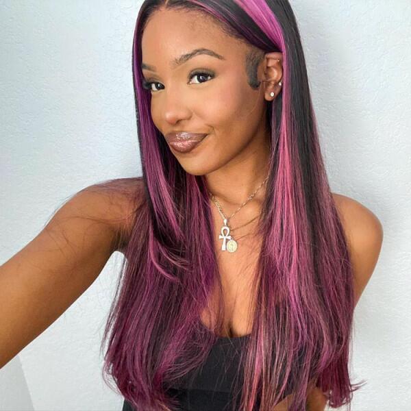 Megalook Transparent 13x4 Lace Front Wig Black Hair With Purple Highlights Straight/Body Wave Human Hair Wigs