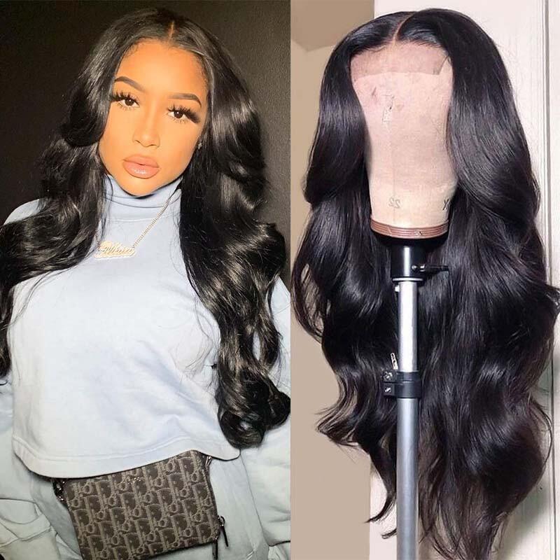 $109.9 22inch 4X4 Transparent Lace Closure Wigs Body Wave Wig Pre-Plucked With Baby Hair