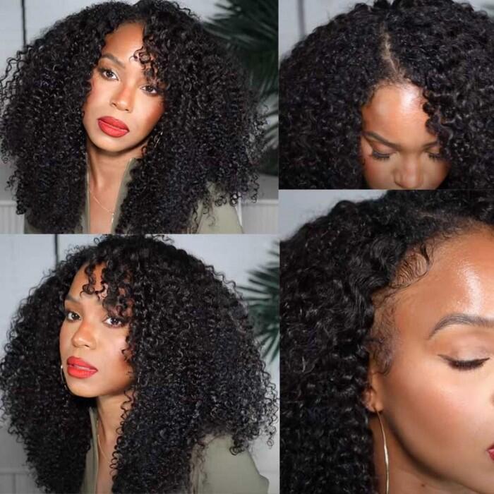 Megalook Kinky Curly Thin Part Wig V Part Human Hair Wigs No Glue For Women No Leave Out