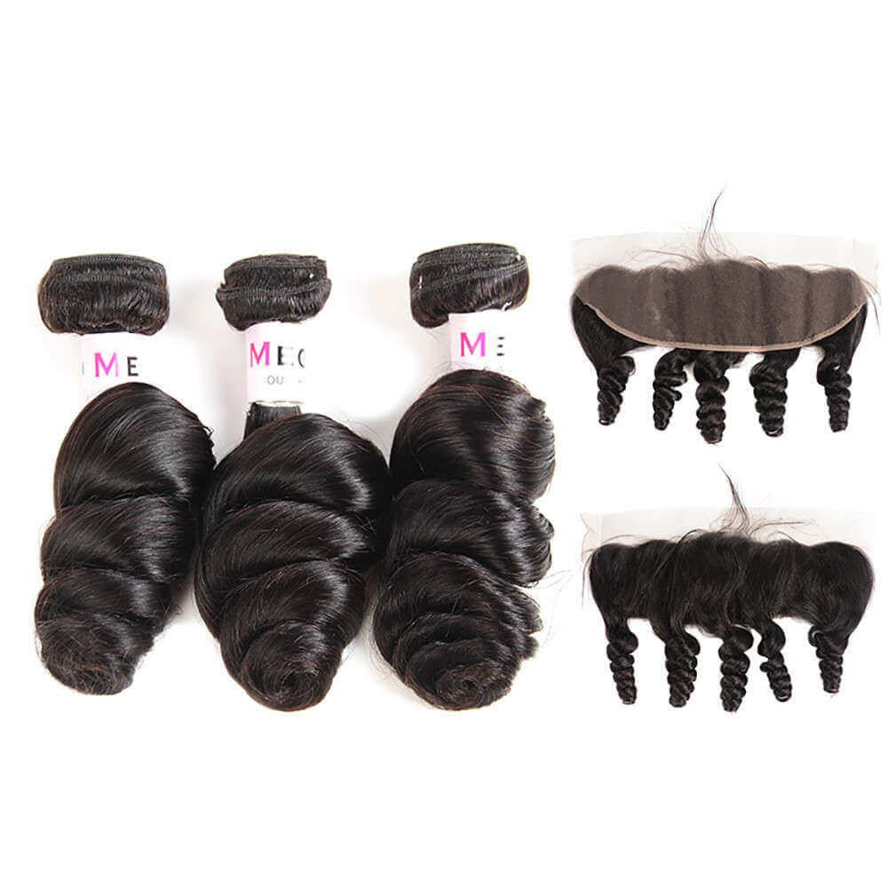 Megalook 3Bundles With 13x4 Lace Frontal Closure Loose Wave Virgin Human Hair