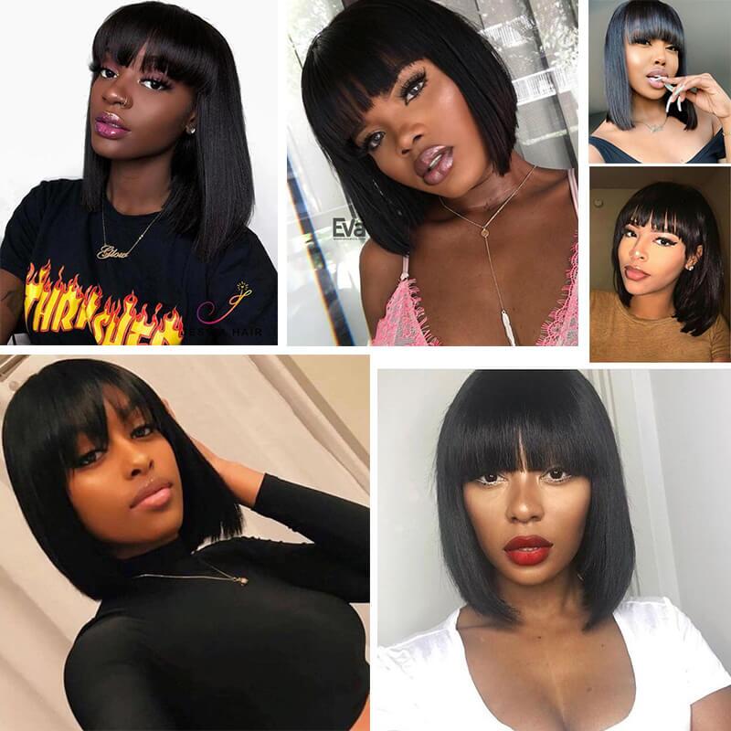 Megalook Bob Wigs With Bangs Natural Color Straight Virgin Human Hair Lace Wigs