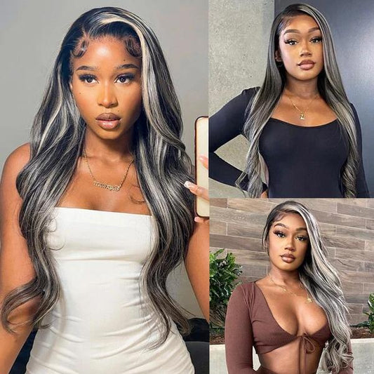 Megalook Platinum Blonde Highlights Straight Human Hair Wigs Long 32inch 13x4 Body Wave /Straight Lace Front Wig Black Wig with #613 Blonde Highlight