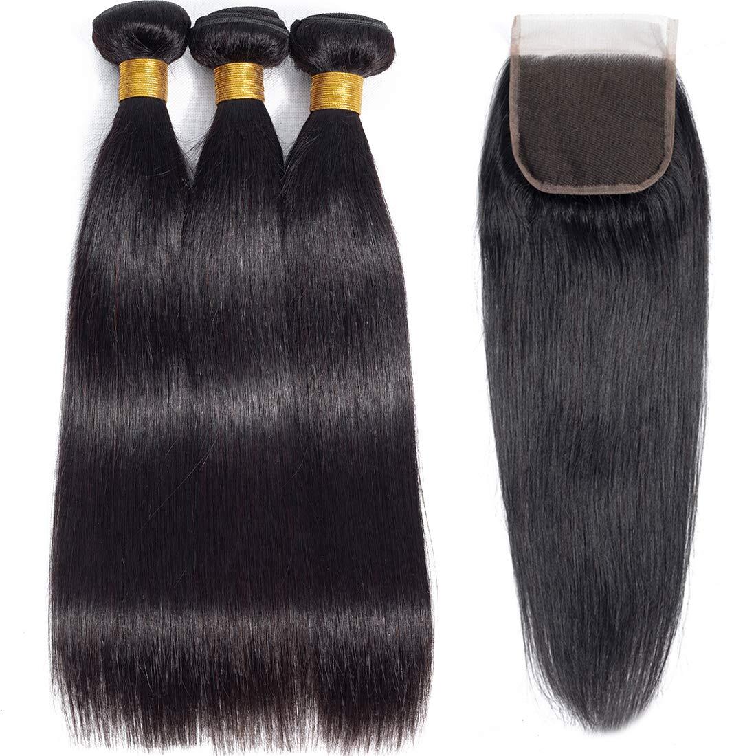 Megalook 3Bundles With Transparent Lace Closure Deal Brazilian Hair Bundles With Closure Remy Human Hair