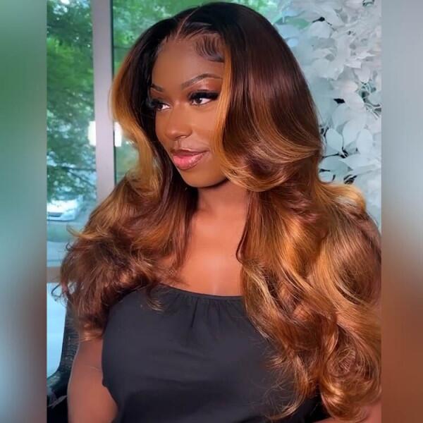 Megalook Highlight Balayage Ombre 1b/4/30 Colored Hair Body Wave 13x4 Lace Front Wigs On Dark Roots Hair 180% Density