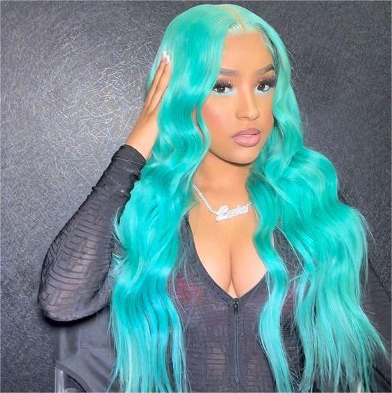 Megalook New Bluish Green Wig Straight/Wavy Side Part Wig For Black Woman Lace Frontal Human Hair Wigs