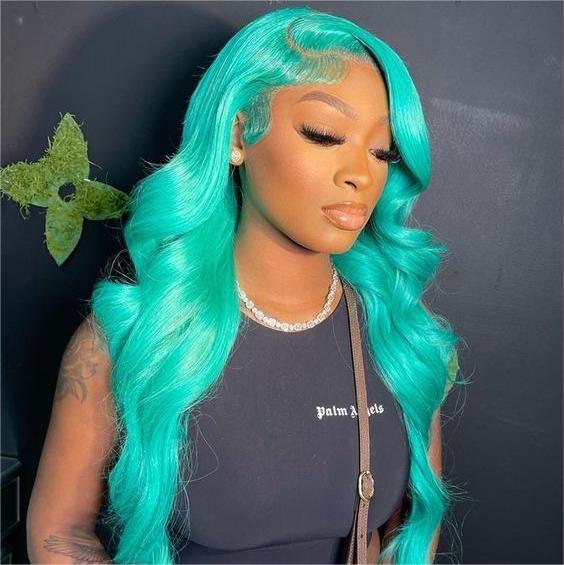 Megalook New Bluish Green Wig Straight/Wavy Side Part Wig For Black Woman Lace Frontal Human Hair Wigs