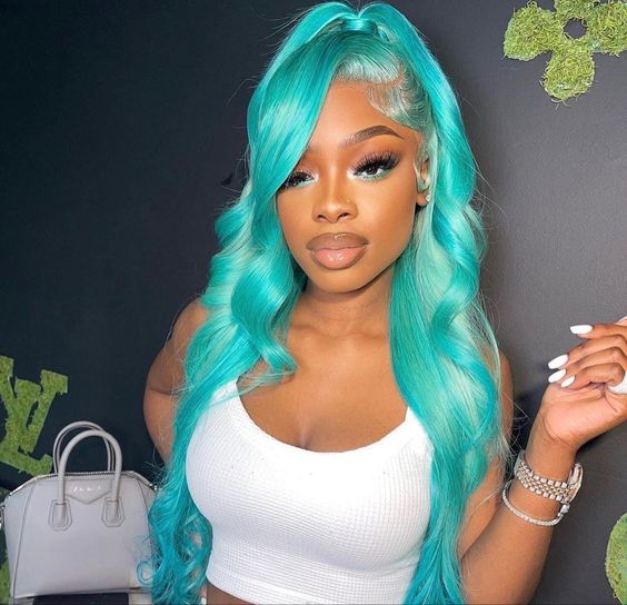 Megalook New Bluish Green Wig Straight/Wavy Side Part Wig For Black Woman Lace Frontal Human Hair Wigs