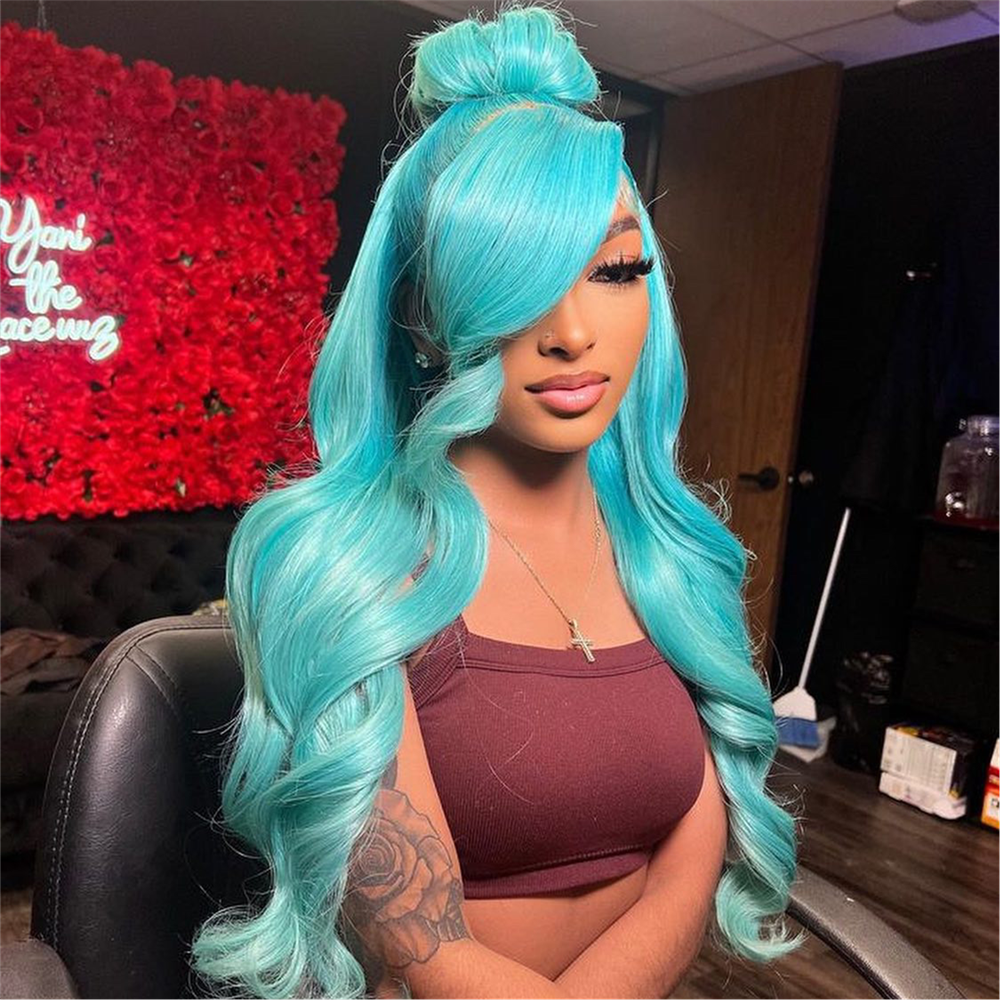 Megalook New Bluish Green Wig Straight/Wavy Side Part Wig For Black Woman Lace Frontal Human Hair Wigs